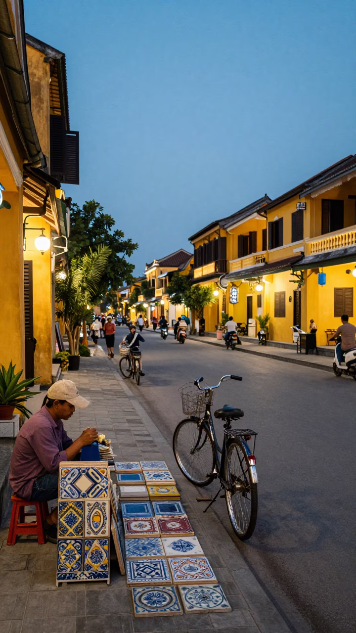 Hoi An Vietnam Evening Street Scene with Ceramic Tiles and Chain Ferry in in Hoi An, Vietnam