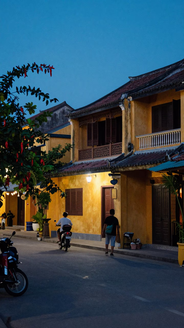 Hoi An Vietnam Evening Street Scene with Chili Peppers and Traditional Architecture in in Hoi An, Vietnam