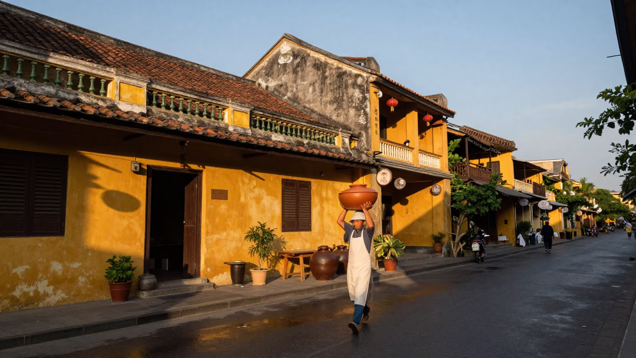 Hoi An Vietnam Evening Street Scene with Clay Pot and Baker in in Hoi An, Vietnam