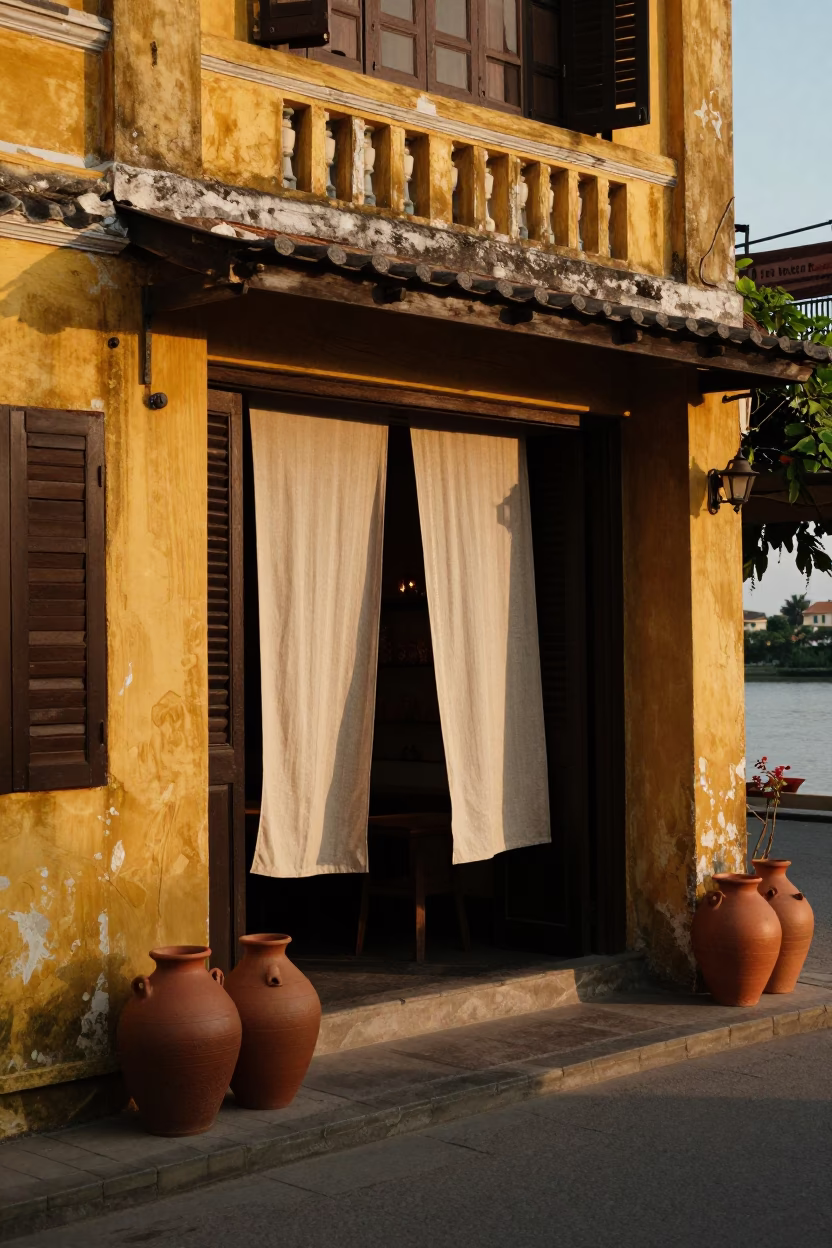 Hoi An Vietnam Evening Street Scene with Clay Pots and Linen Curtains in in Hoi An, Vietnam