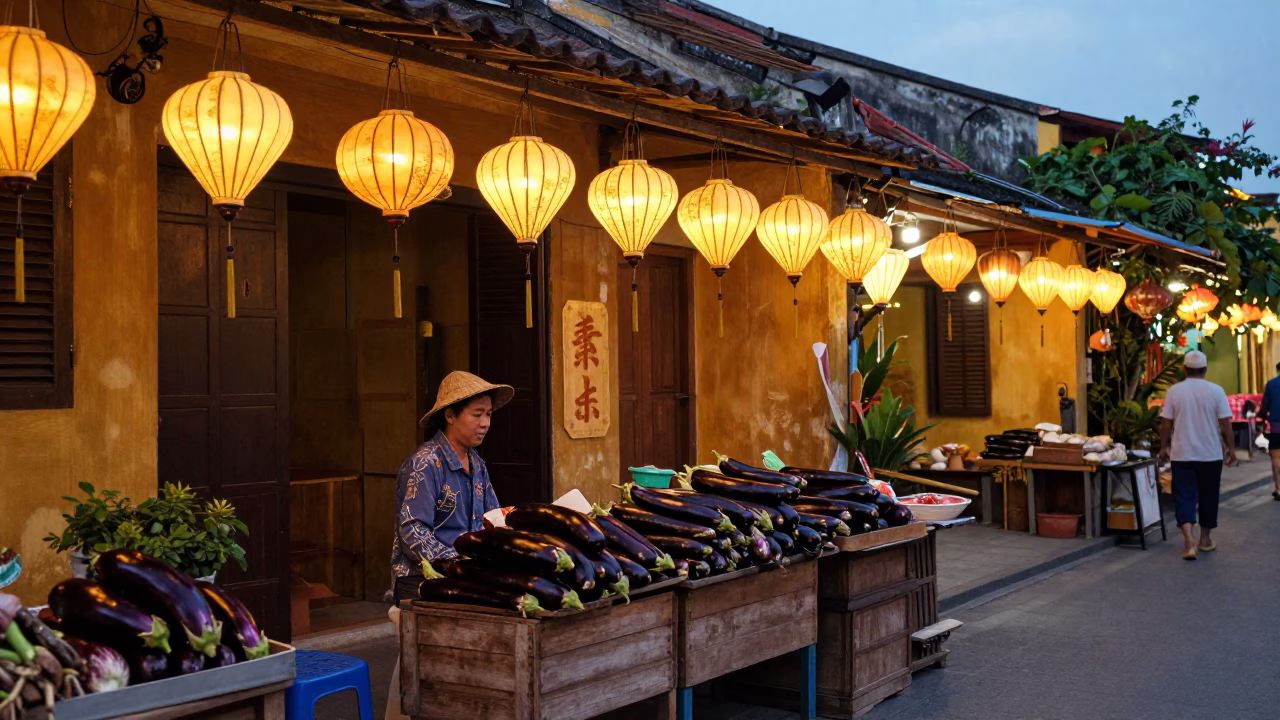 Hoi An Vietnam Evening Street Scene with Eggplants and Lanterns in in Hoi An, Vietnam