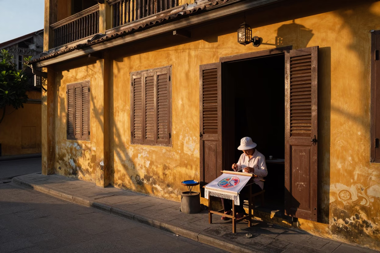 Hoi An Vietnam Evening Street Scene with Embroidered Thread Detail and Traditional Architecture in in Hoi An, Vietnam