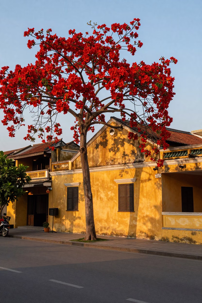 Hoi An Vietnam Evening Street Scene with Flame Tree Bloom and Lanterns in in Hoi An, Vietnam