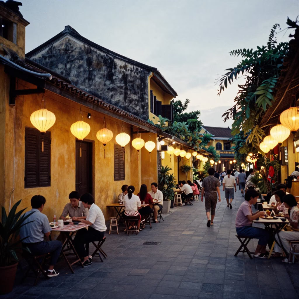 Hoi An Vietnam Evening Street Scene with Folding Tables and Lanterns in in Hoi An, Vietnam