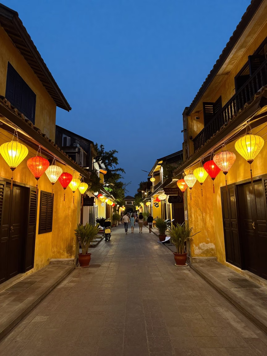 Hoi An Vietnam Evening Street Scene with Glowing Lanterns and Traditional Architecture in in Hoi An, Vietnam