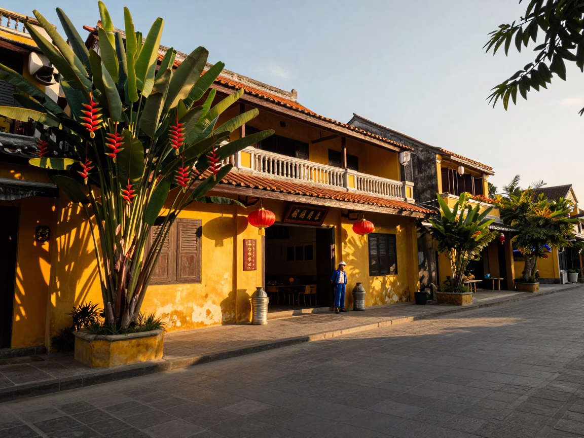 Hoi An Vietnam Evening Street Scene with Heliconia and Tiffin Tin in in Hoi An, Vietnam