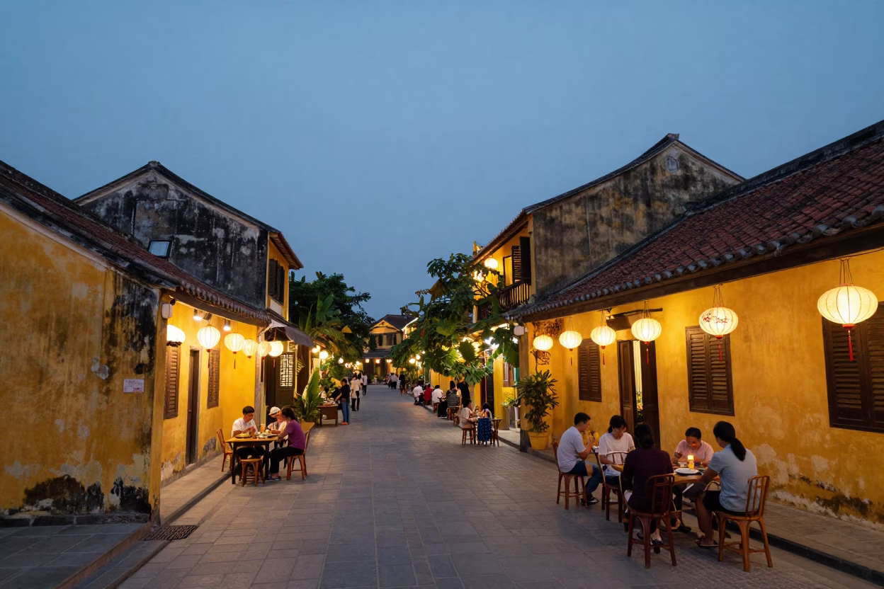 Hoi An Vietnam Evening Street Scene with Lanterns and Local Diners in in Hoi An, Vietnam
