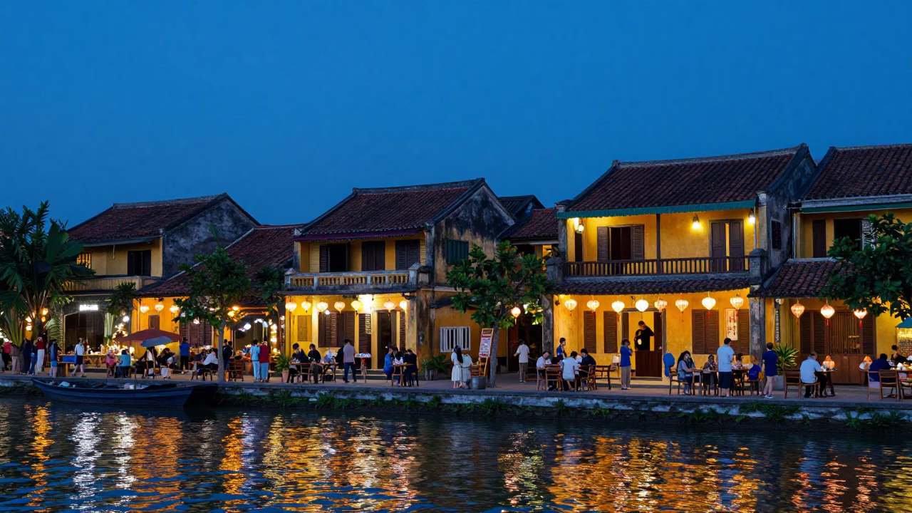 Hoi An Vietnam Evening Street Scene with Lanterns and Local Dining in in Hoi An, Vietnam