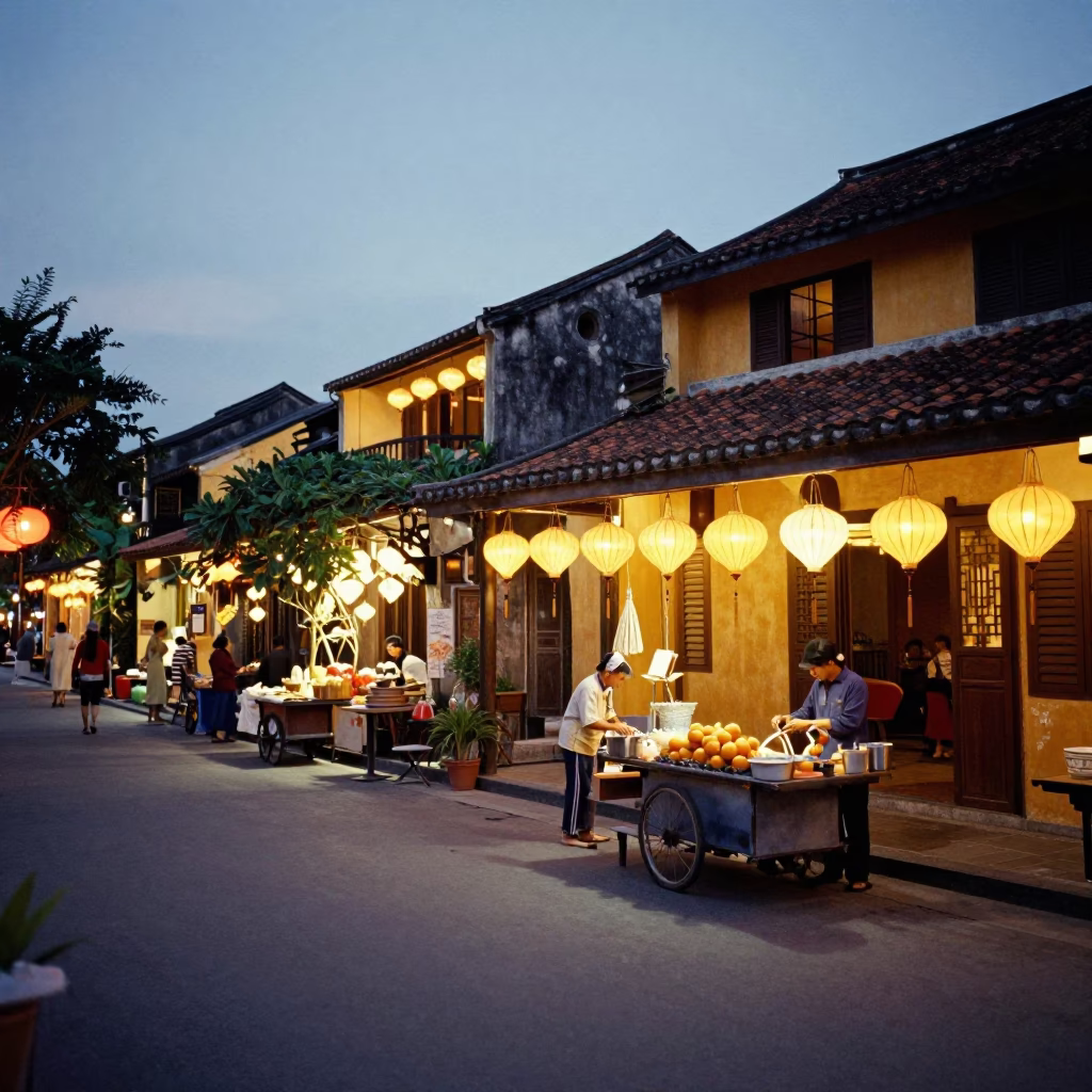 Hoi An Vietnam Evening Street Scene with Lanterns and Local Food Vendors in in Hoi An, Vietnam