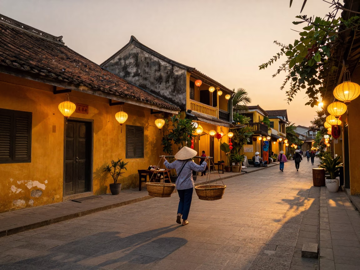 Hoi An Vietnam Evening Street Scene with Lanterns and Local Life in in Hoi An, Vietnam