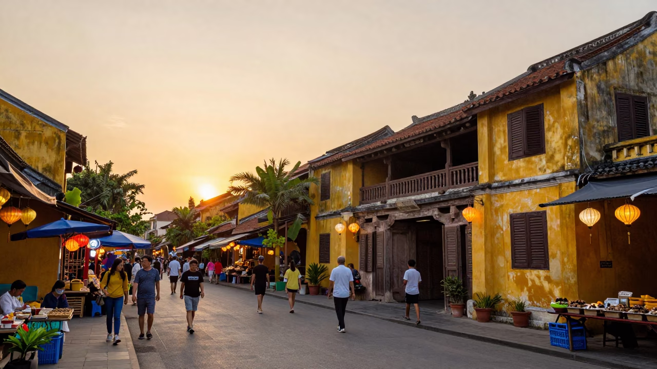 Hoi An Vietnam Evening Street Scene with Lanterns and Local Market Activity in in Hoi An, Vietnam