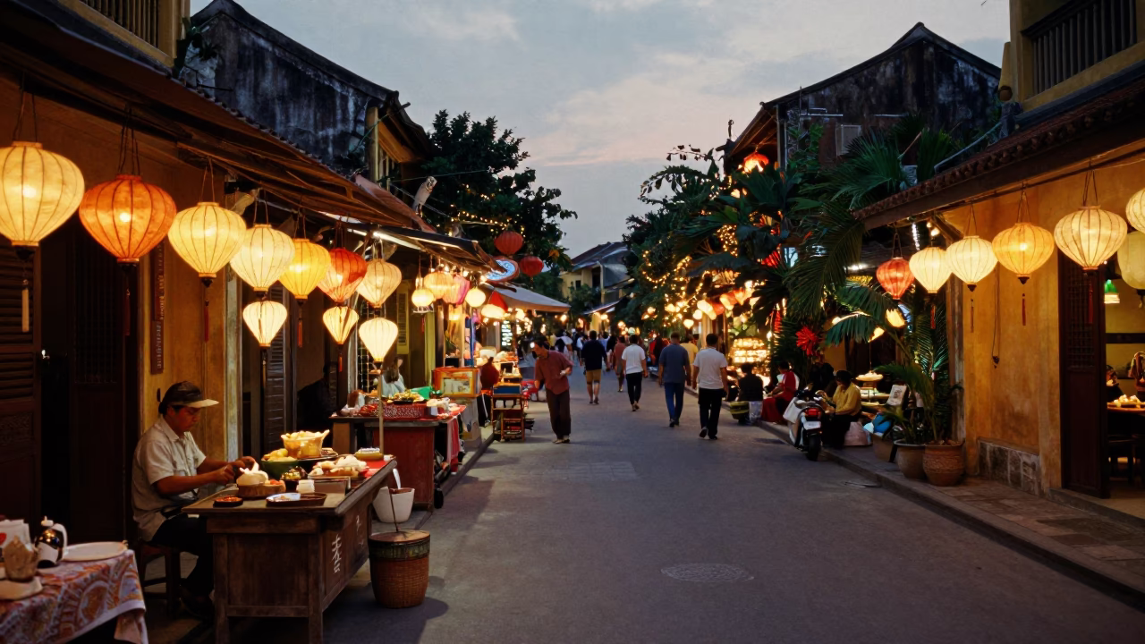 Hoi An Vietnam Evening Street Scene with Lanterns and Local Merchants in in Hoi An, Vietnam