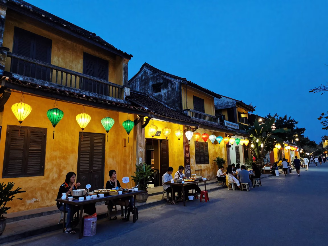 Hoi An Vietnam Evening Street Scene with Lanterns and Local Vendors in in Hoi An, Vietnam