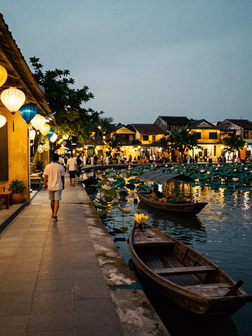 Hoi An Vietnam Evening Street Scene with Lanterns and Lotus Pond Reflections in in Hoi An, Vietnam