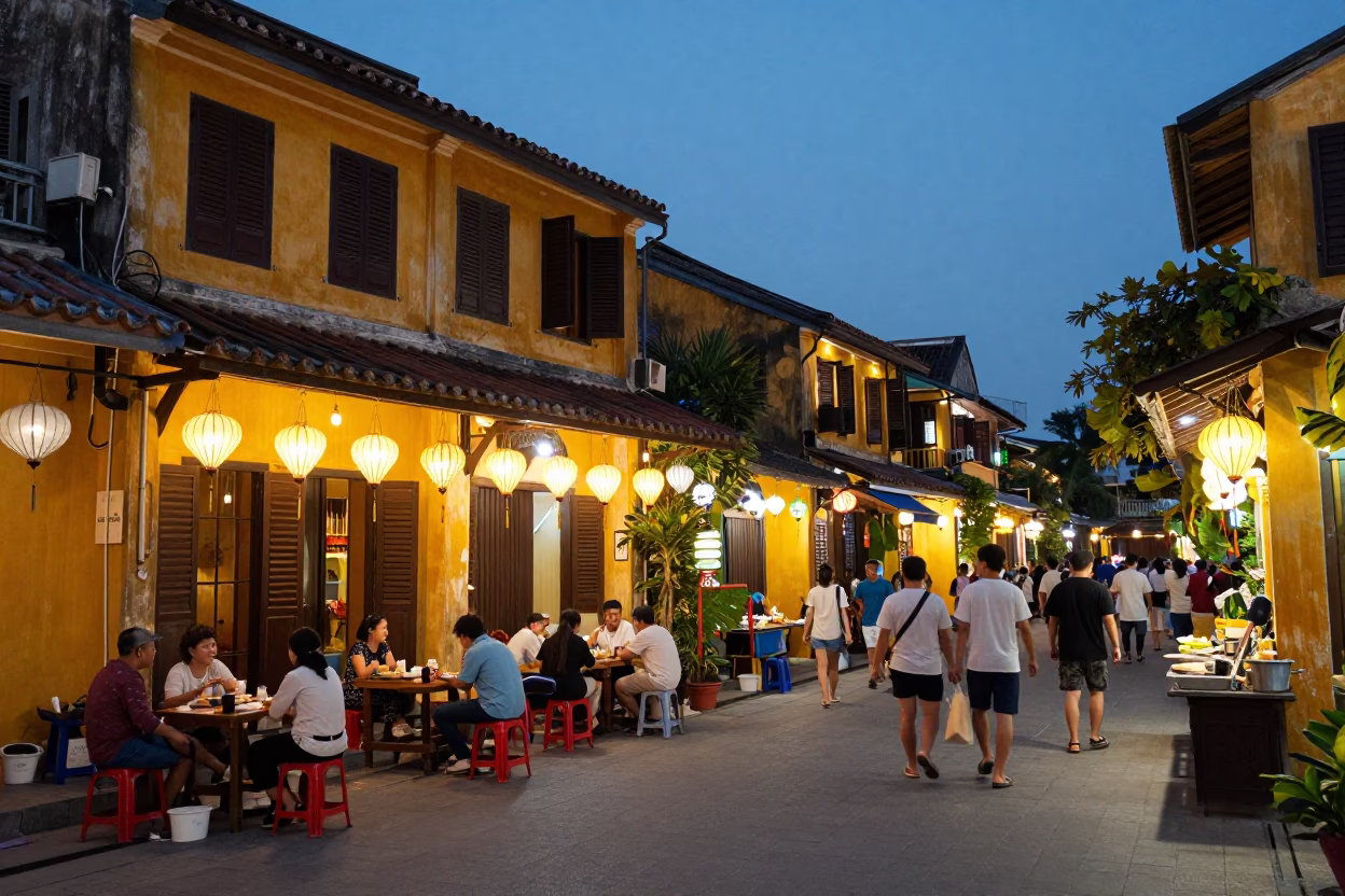 Hoi An Vietnam Evening Street Scene with Lanterns and Outdoor Dining in in Hoi An, Vietnam