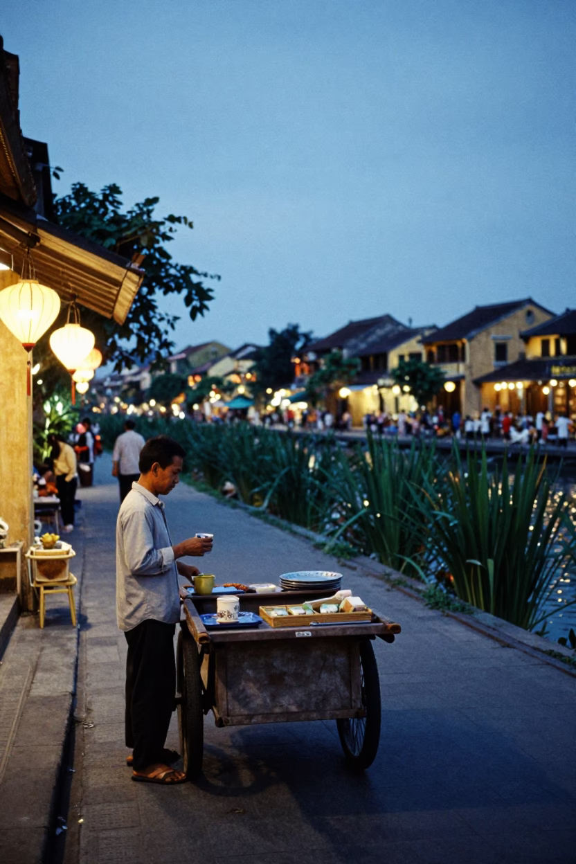 Hoi An Vietnam Evening Street Scene with Lanterns and River Papyrus at Dusk in in Hoi An, Vietnam