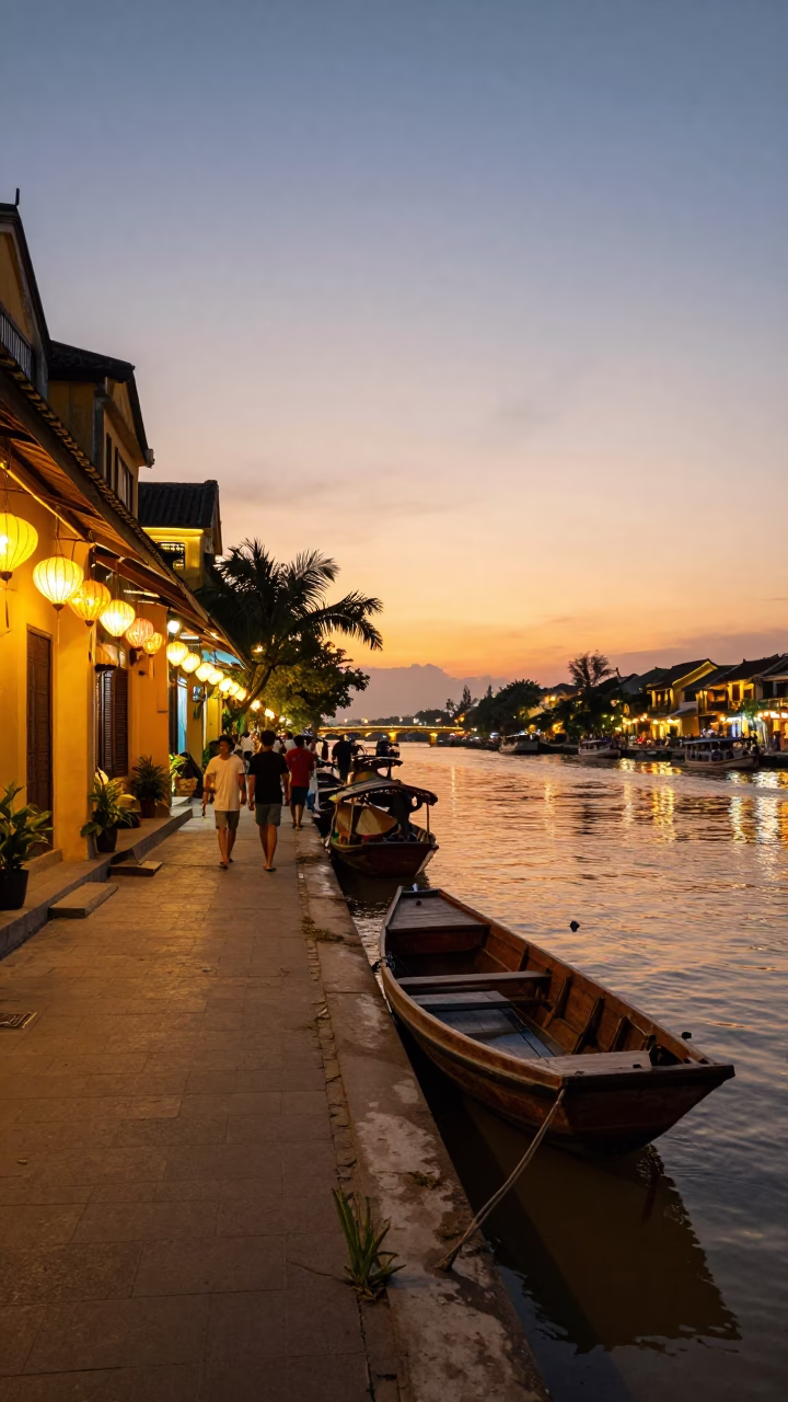 Hoi An Vietnam Evening Street Scene with Lanterns and River View in in Hoi An, Vietnam