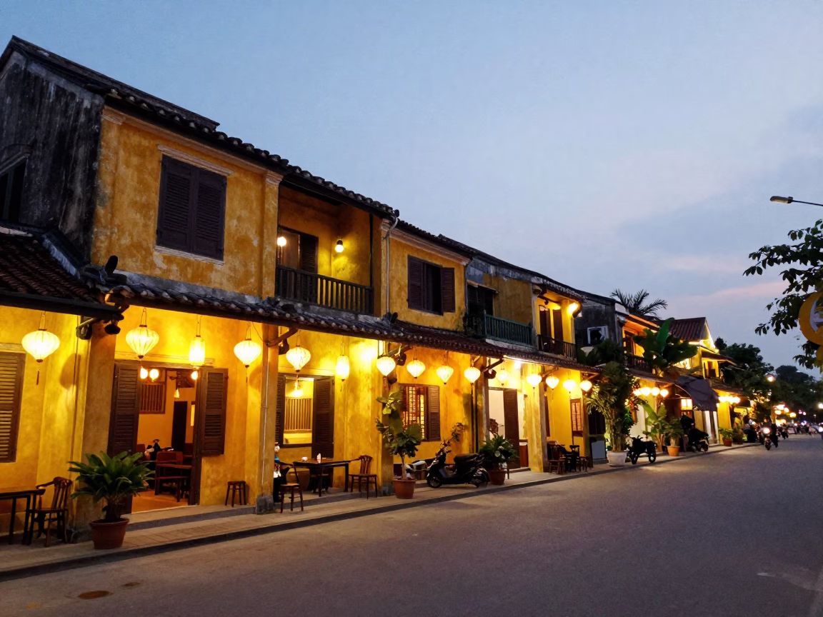 Hoi An Vietnam Evening Street Scene with Lanterns and Traditional Architecture in in Hoi An, Vietnam