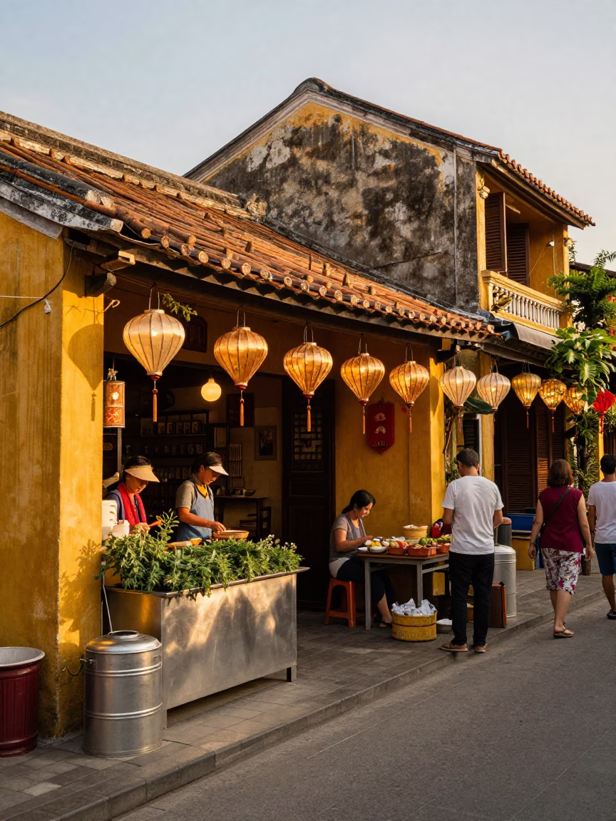 Hoi An Vietnam Evening Street Scene with Lanterns and Traditional Food in in Hoi An, Vietnam