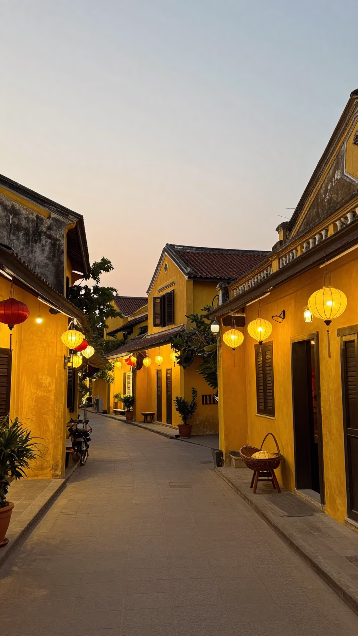 Hoi An Vietnam Evening Street Scene with Lanterns and Yellow Buildings in in Hoi An, Vietnam