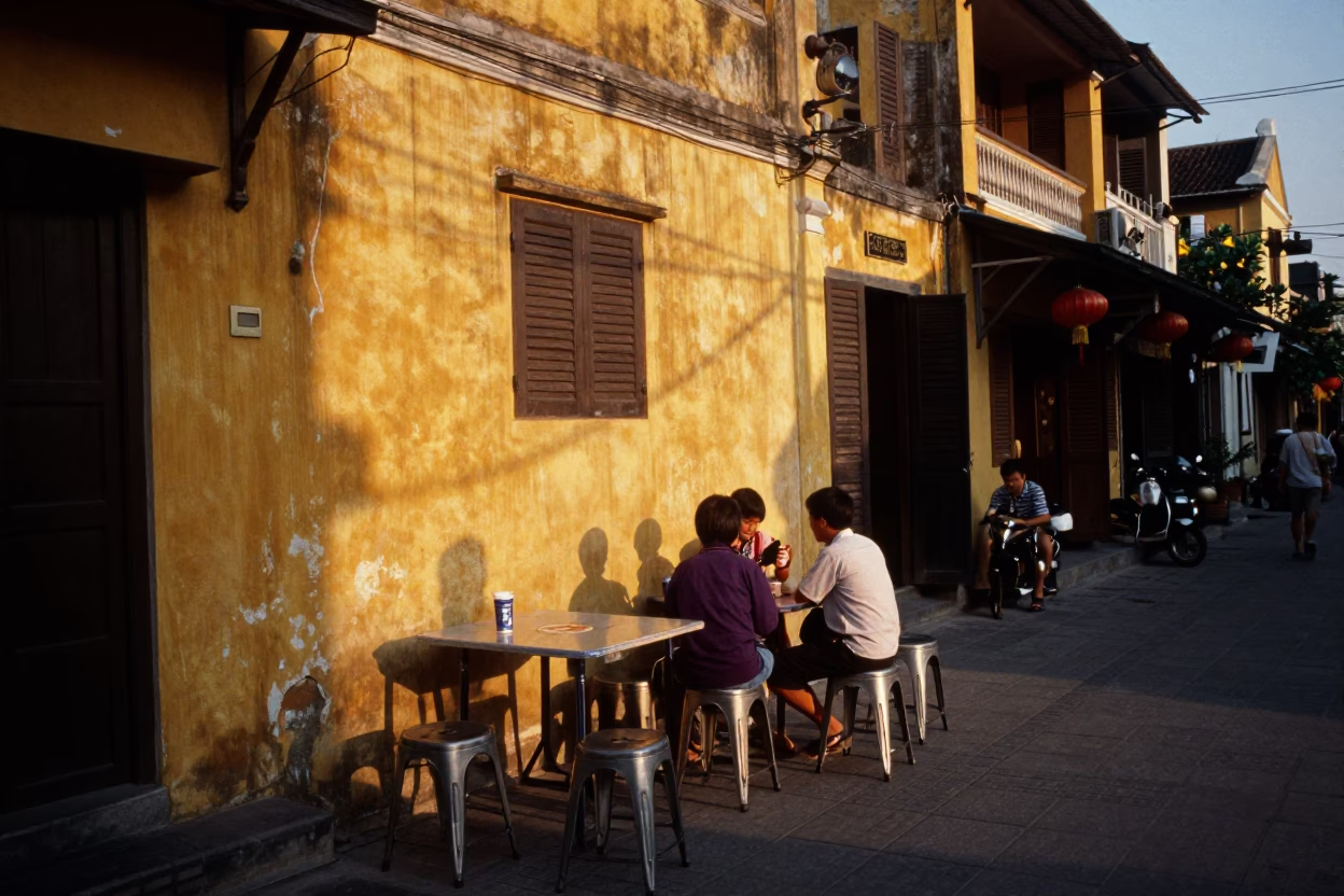 Hoi An Vietnam Evening Street Scene with Metal Stools and Local Dining in in Hoi An, Vietnam