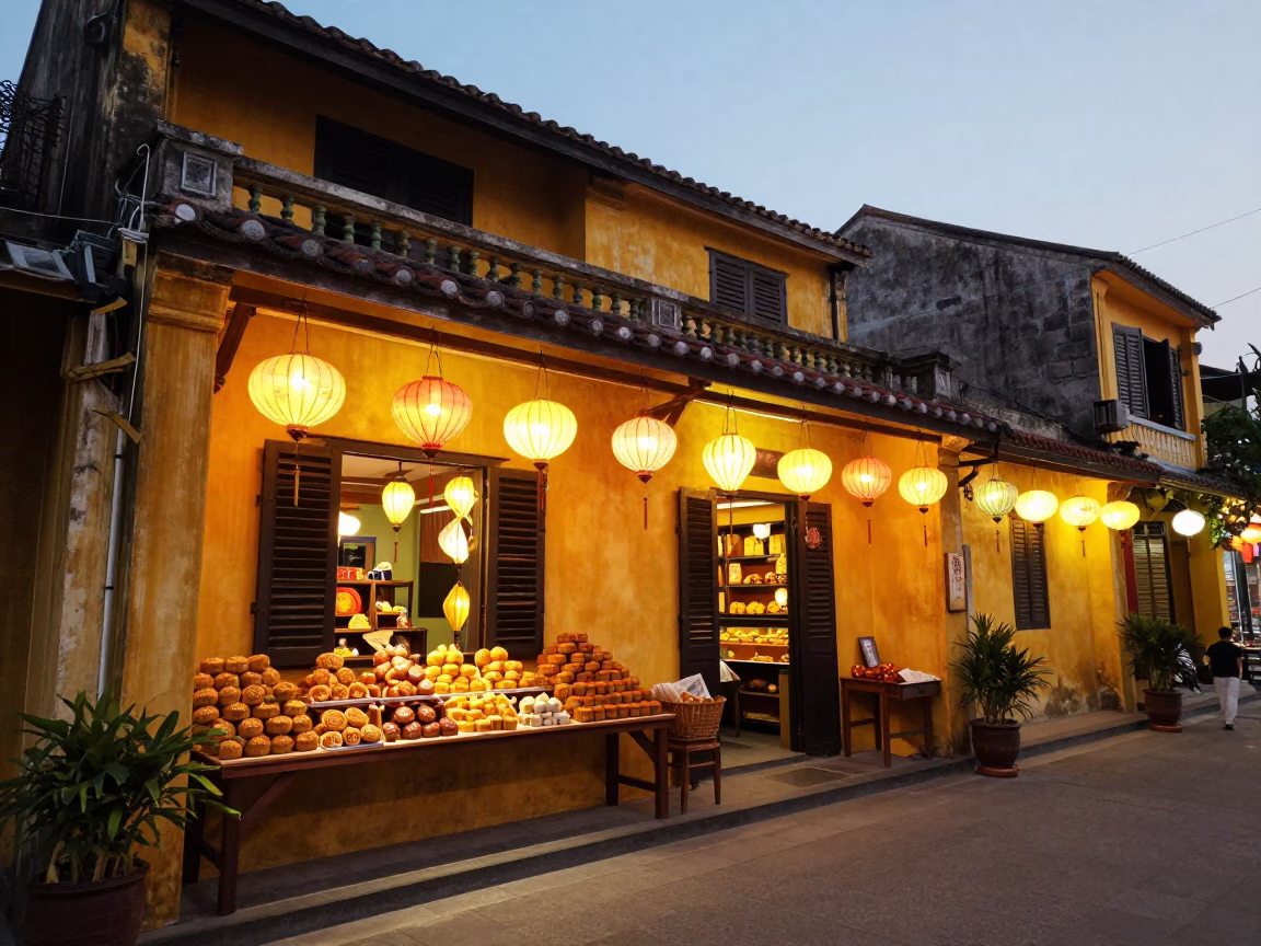 Hoi An Vietnam Evening Street Scene with Mooncakes and Lanterns in in Hoi An, Vietnam