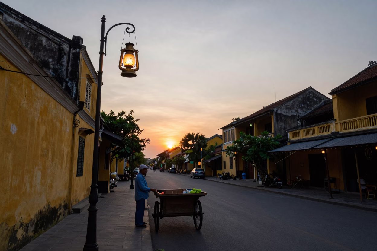 Hoi An Vietnam Evening Street Scene with Oil Lamp and Brass Rail in in Hoi An, Vietnam