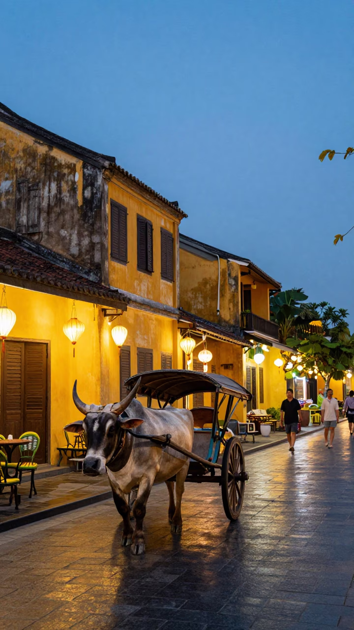 Hoi An Vietnam Evening Street Scene with Ox Cart and Lanterns in in Hoi An, Vietnam