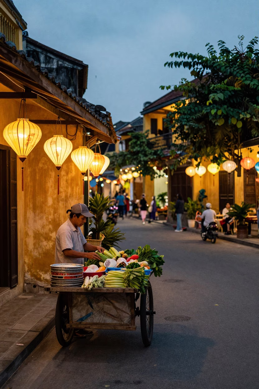 Hoi An Vietnam Evening Street Scene with Paper Lanterns and Traditional Architecture in in Hoi An, Vietnam