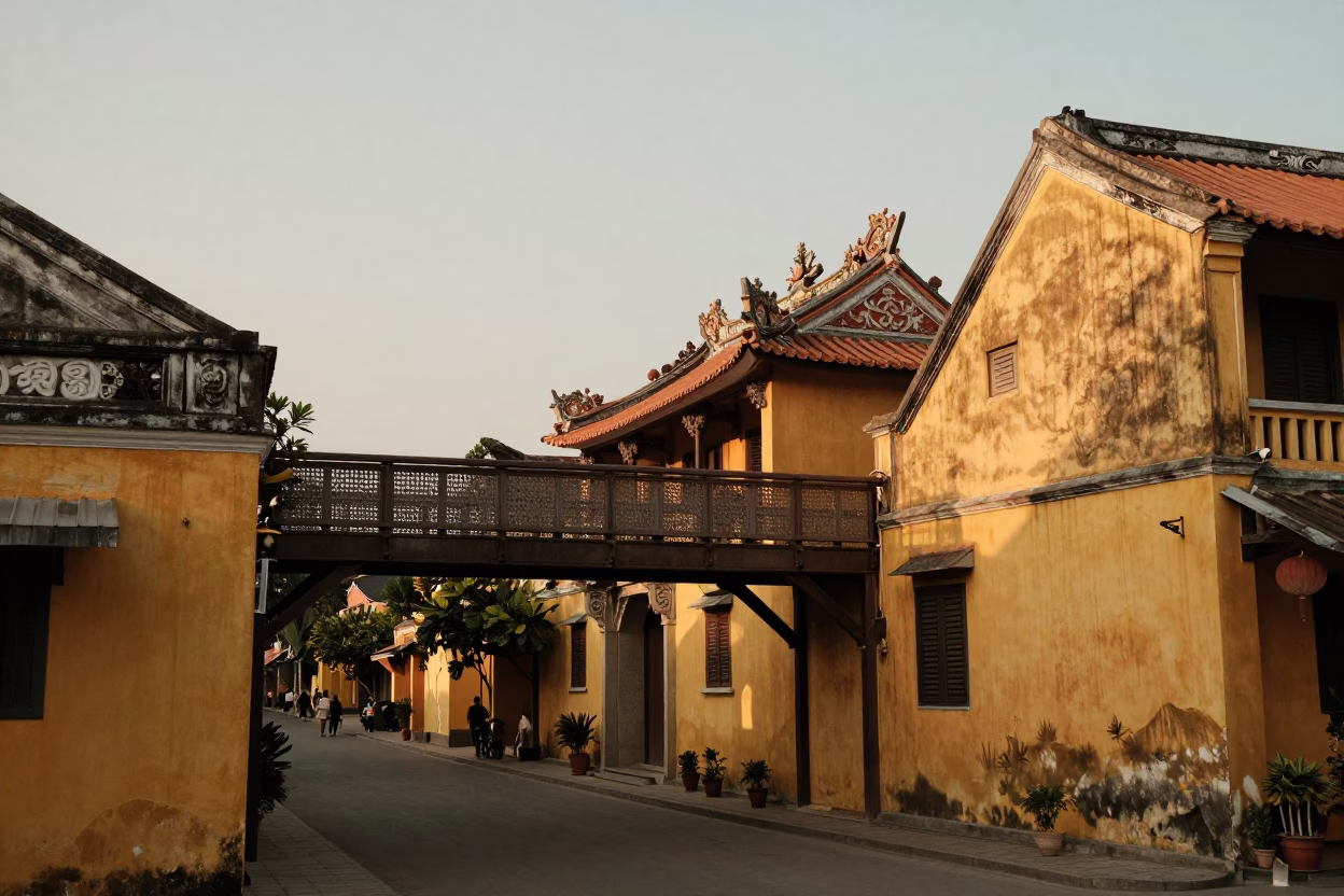 Hoi An Vietnam Evening Street Scene with Pedestrian Overpass and Pho Bowl in in Hoi An, Vietnam