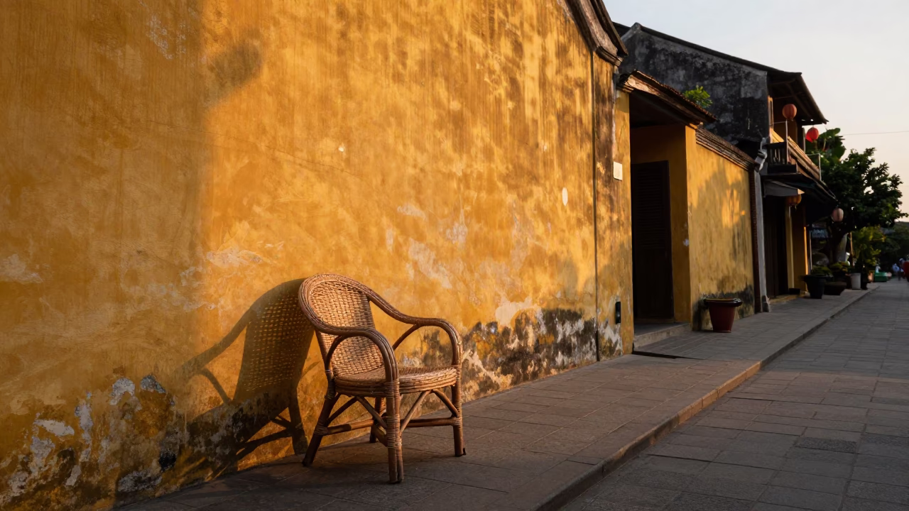 Hoi An Vietnam Evening Street Scene with Rattan Chair and Local Life in in Hoi An, Vietnam