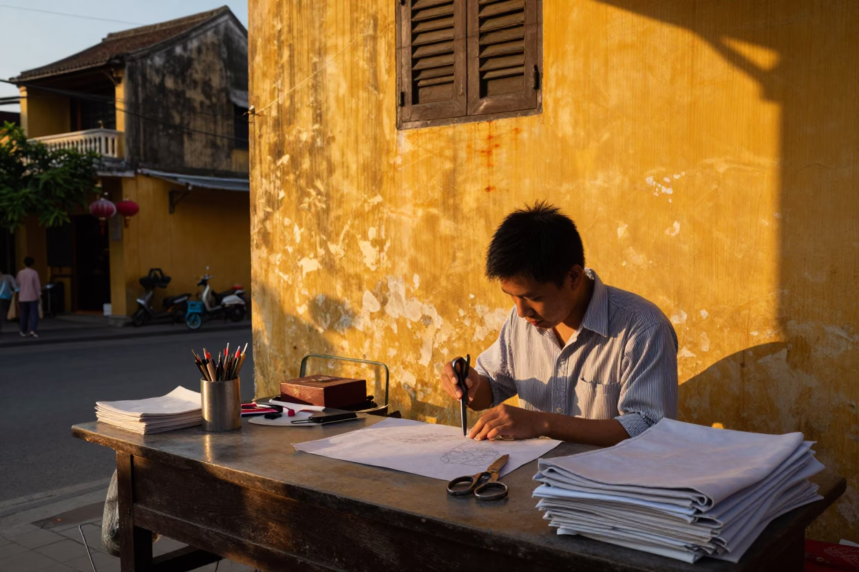 Hoi An Vietnam Evening Street Scene with Sewing Scissors and Local Craftsmanship in in Hoi An, Vietnam