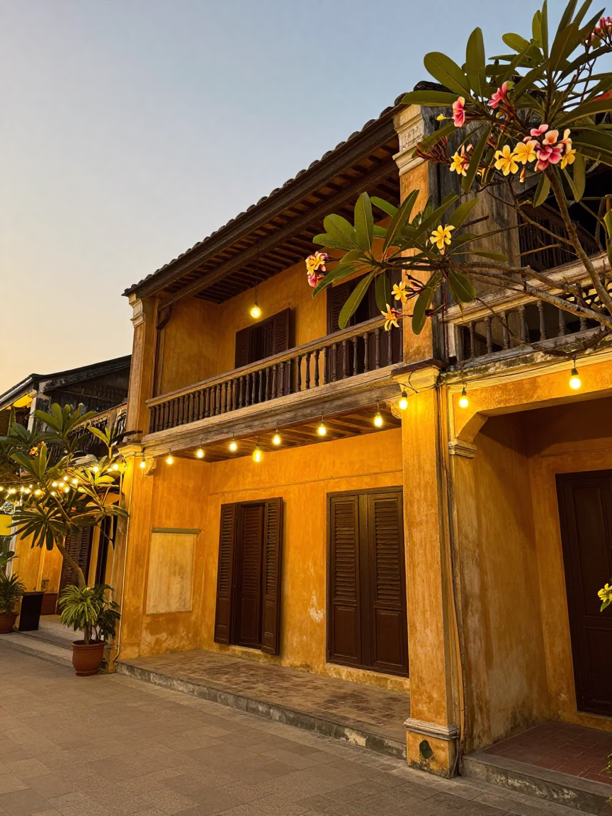 Hoi An Vietnam Evening Street Scene with String Lights and Frangipani Branch in in Hoi An, Vietnam