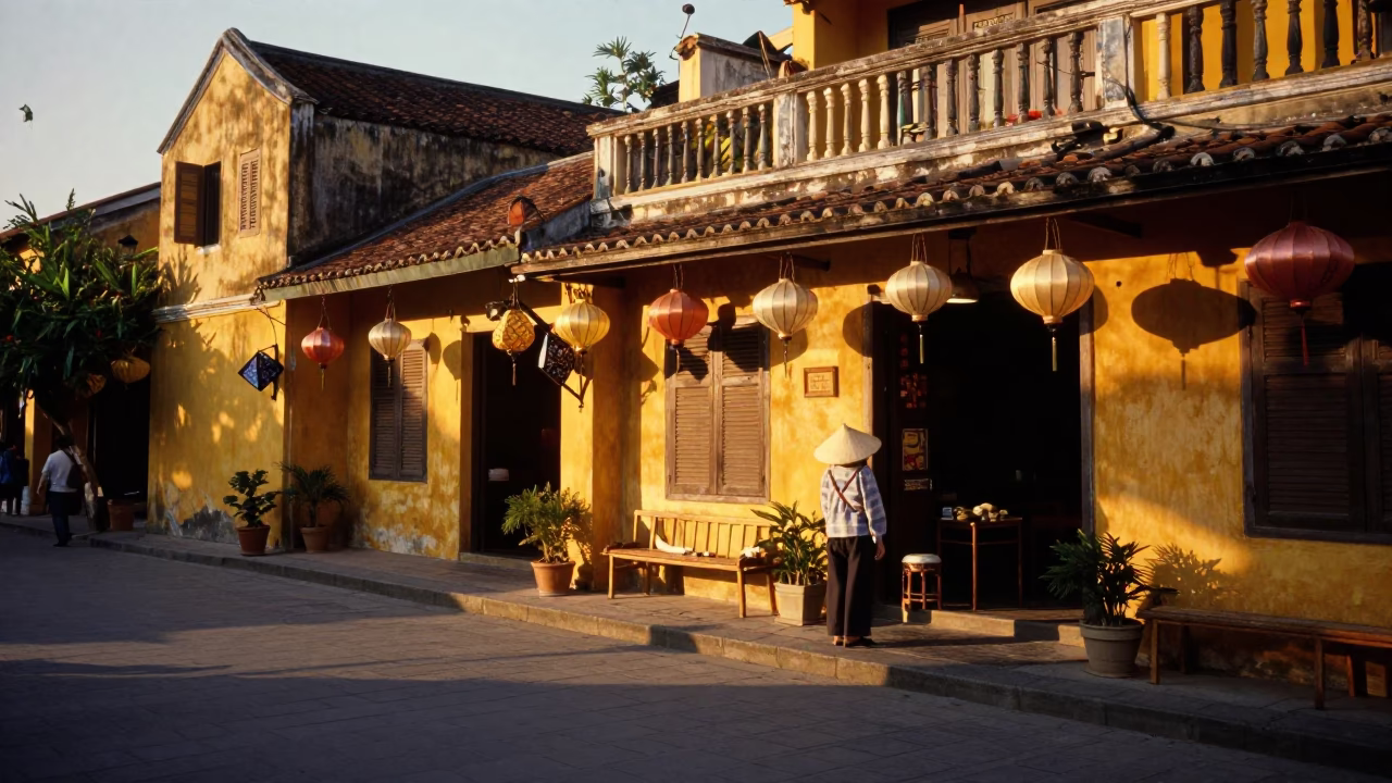 Hoi An Vietnam Evening Street Scene with Sun Hat and Lanterns in in Hoi An, Vietnam