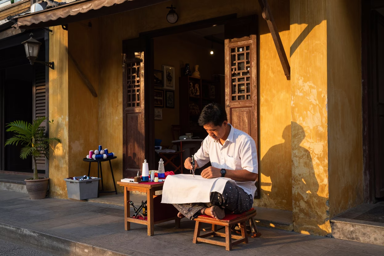 Hoi An Vietnam Evening Street Scene with Tailor and Sewing Tools in in Hoi An, Vietnam