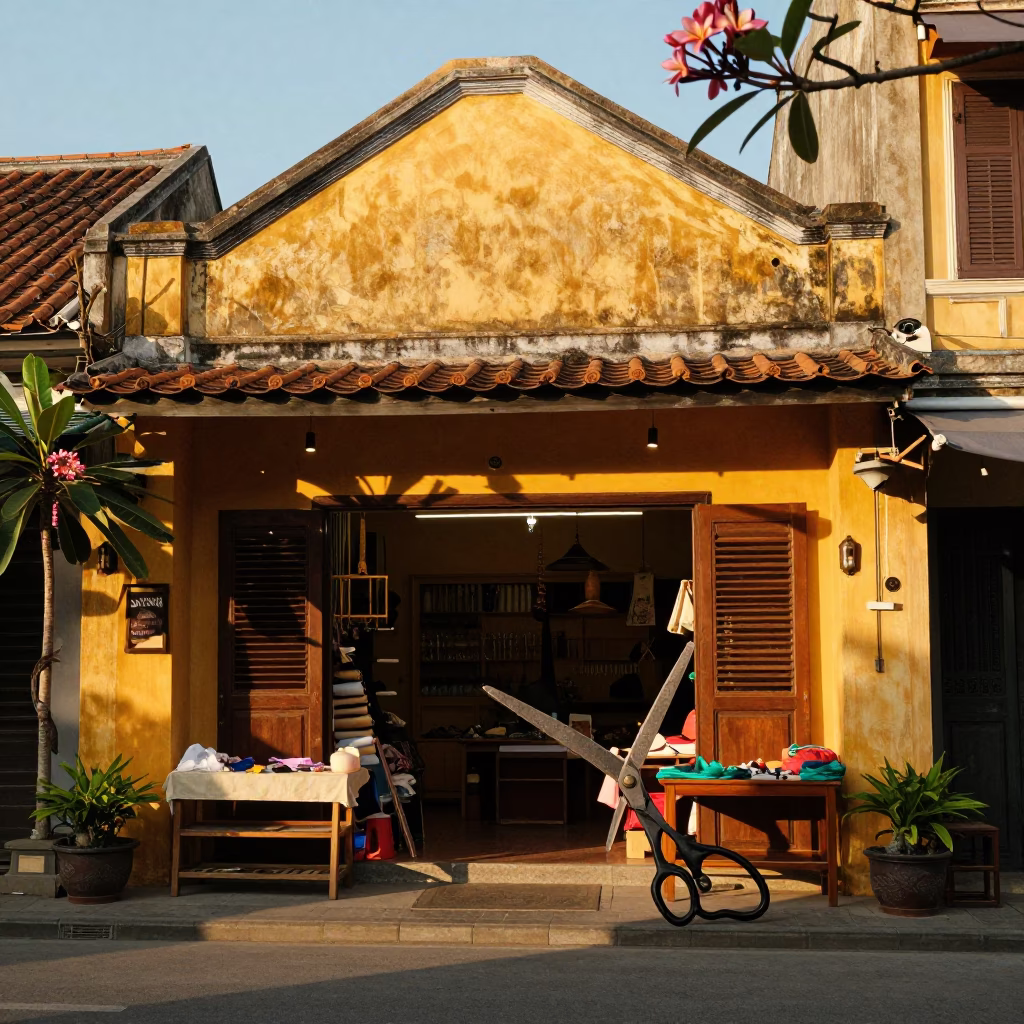 Hoi An Vietnam Evening Street Scene with Tailor Shears and Frangipani Branch in in Hoi An, Vietnam