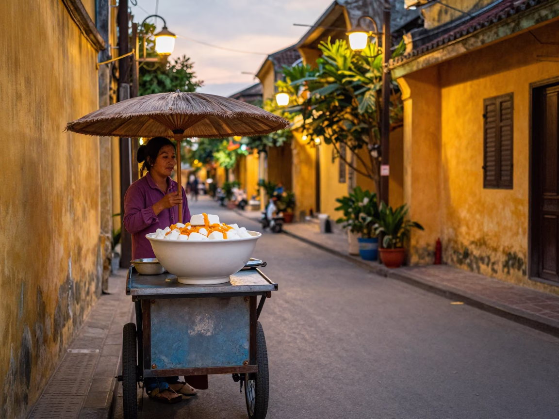 Hoi An Vietnam Evening Street Scene with Tofu Dessert and Spindle Chair in in Hoi An, Vietnam