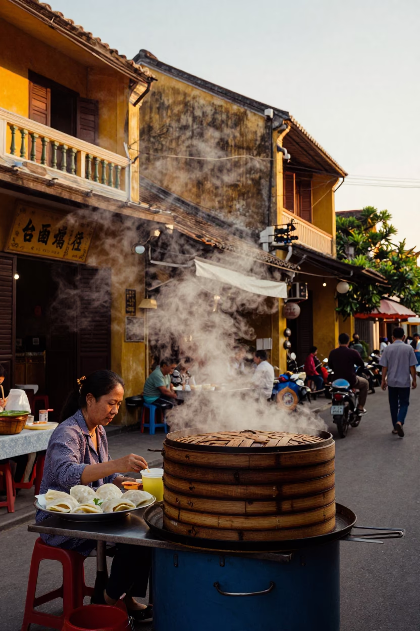 Hoi An Vietnam Evening Street Scene with Traditional Banh Cuon and Lanterns in in Hoi An, Vietnam