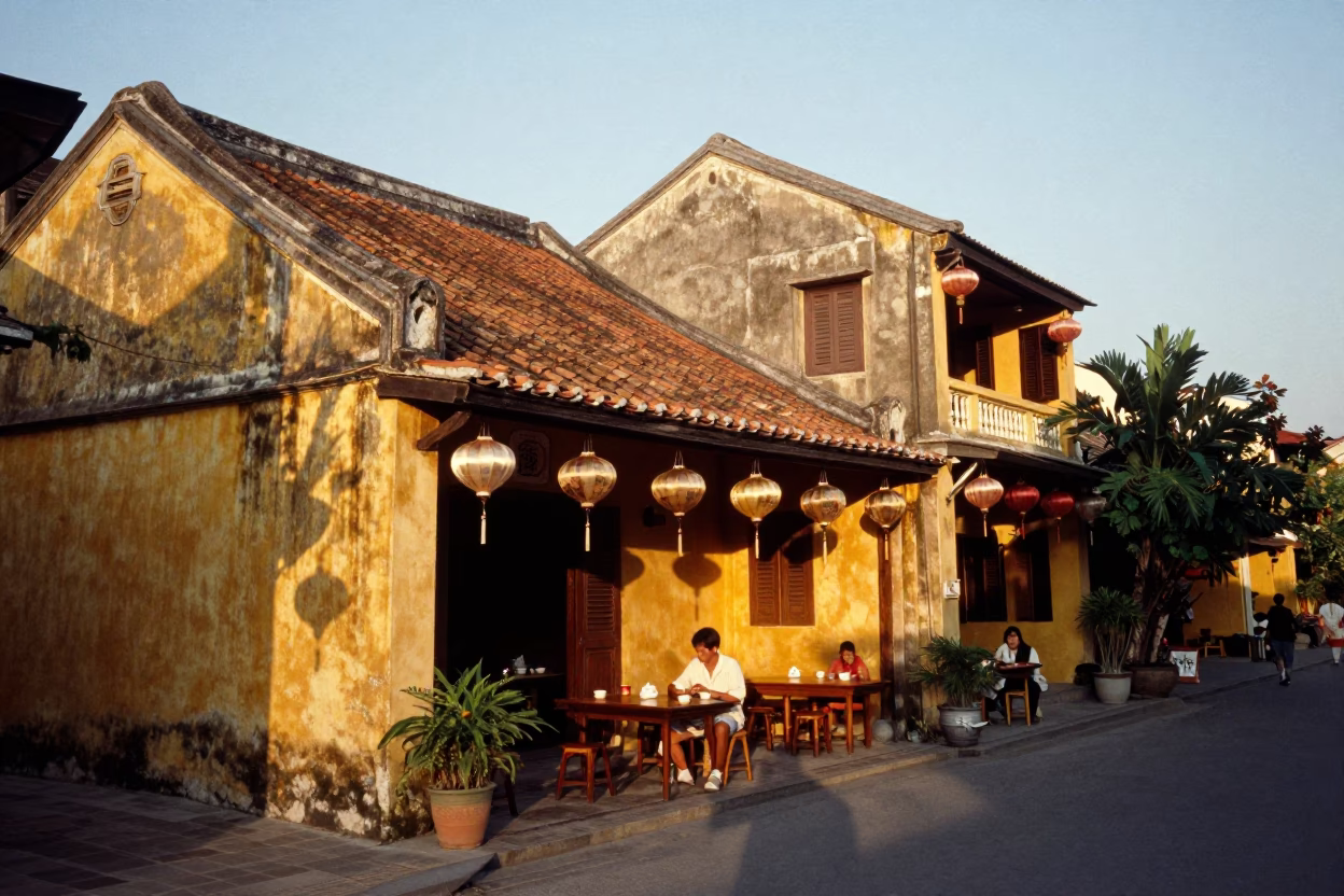 Hoi An Vietnam Evening Street Scene with Traditional Lanterns and Local Dining in in Hoi An, Vietnam