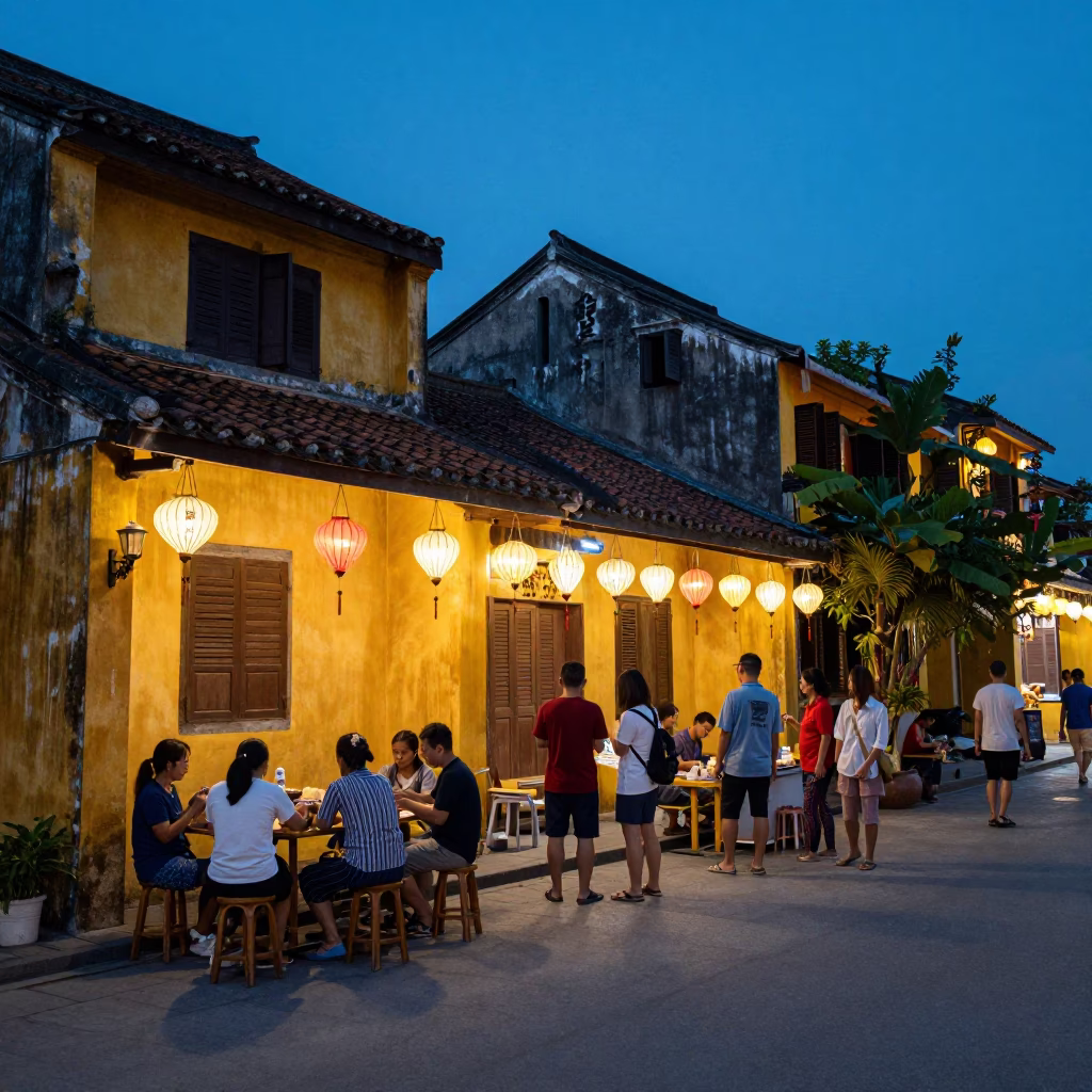 Hoi An Vietnam Evening Street Scene with Traditional Lanterns and Local Life in in Hoi An, Vietnam