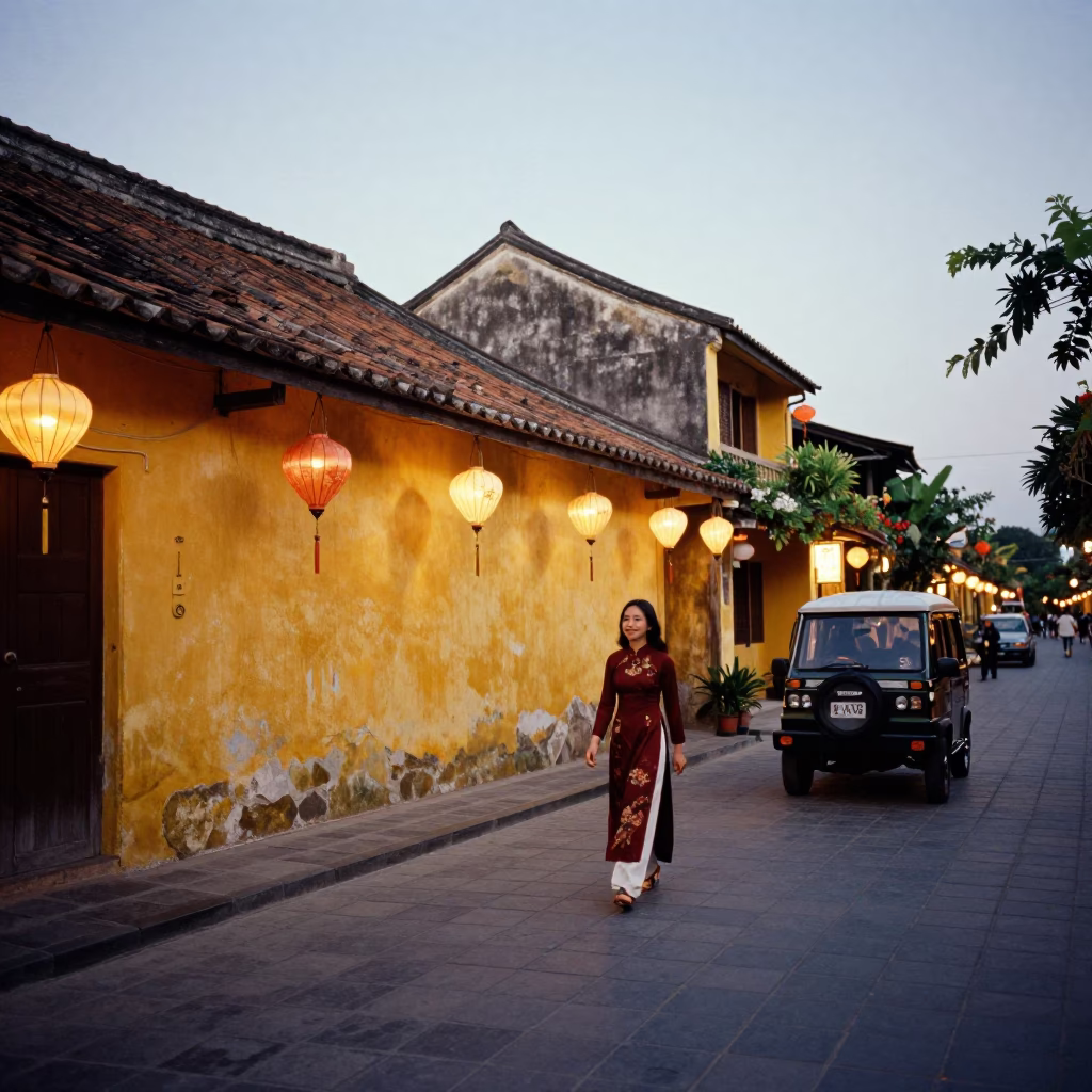Hoi An Vietnam Evening Street Scene with Traditional Lanterns and Local Traffic in in Hoi An, Vietnam