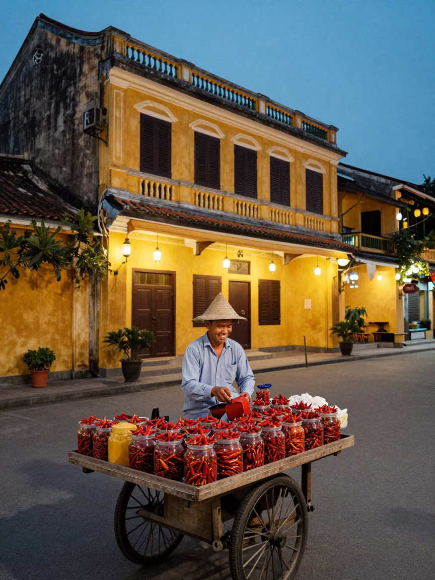 Hoi An Vietnam evening street scene with vendor and spice jars in in Hoi An, Vietnam