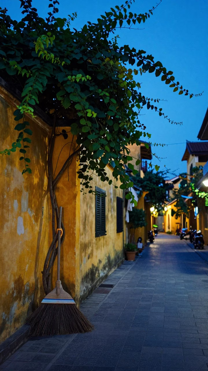 Hoi An Vietnam Evening Street Scene with Vine and Broom in in Hoi An, Vietnam