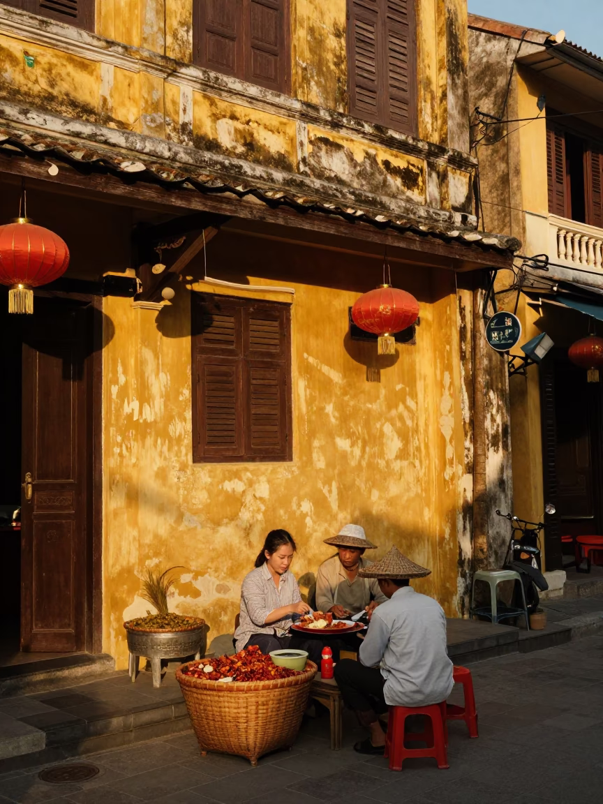 Hoi An Vietnam Evening Street Scene with Woven Basket and Spicy Bibim Guksu in in Hoi An, Vietnam