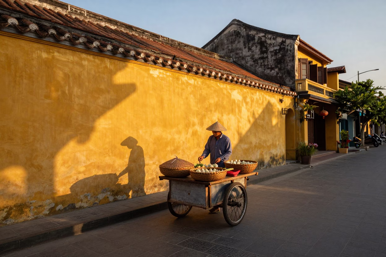 Hoi An Vietnam Evening Street Scene with Woven Baskets and Wonton Soup in in Hoi An, Vietnam