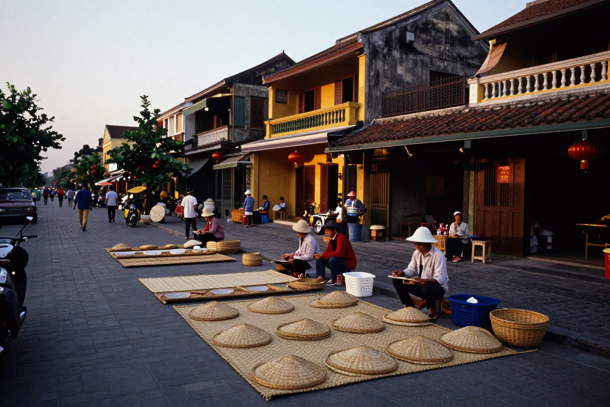 Hoi An Vietnam Evening Street Scene with Woven Mats and Local Market Activity in in Hoi An, Vietnam