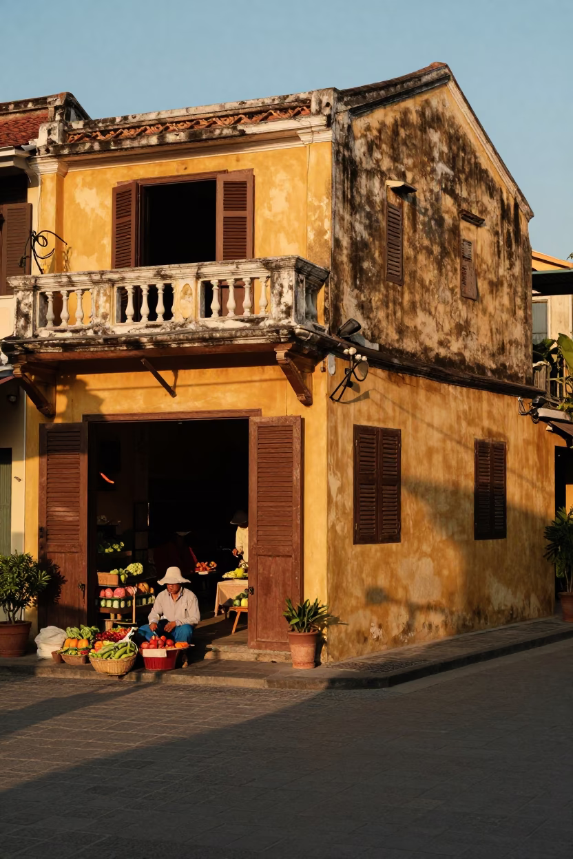 Hoi An Vietnam Evening Street Scene with Yellow Building Facades and River Activity in in Hoi An, Vietnam