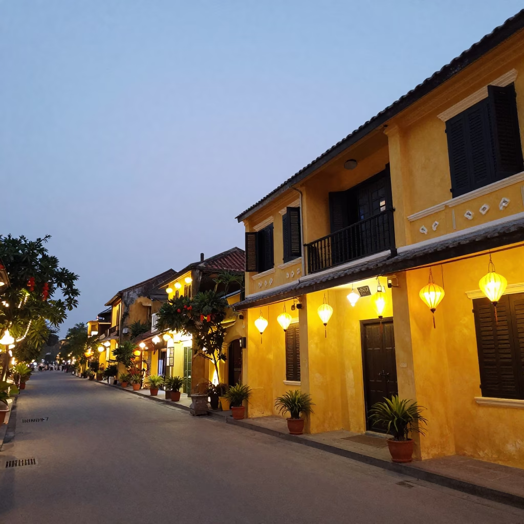 Hoi An Vietnam Evening Street Scene with Yellow Buildings and Lanterns in in Hoi An, Vietnam