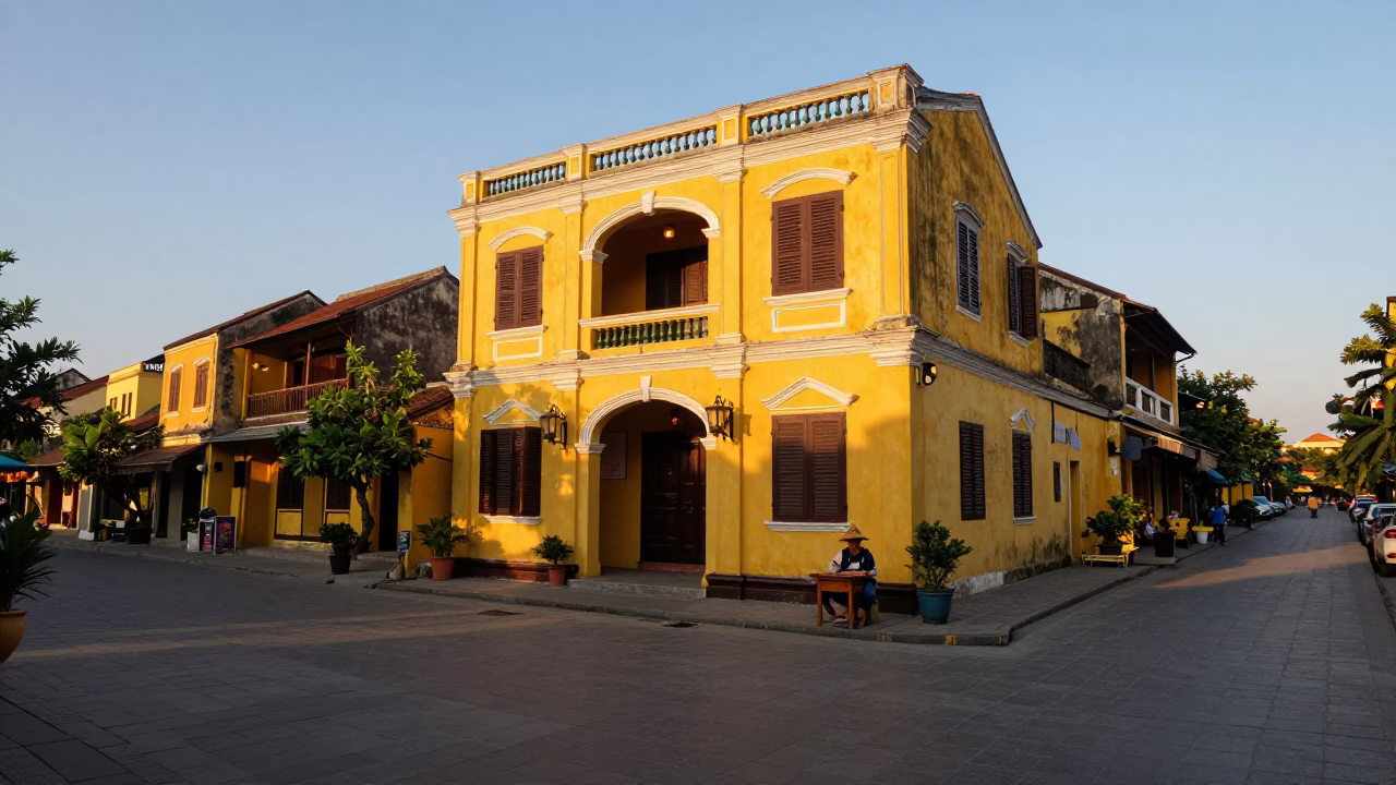 Hoi An Vietnam Evening Street Scene with Yellow Buildings and Local Dining in in Hoi An, Vietnam