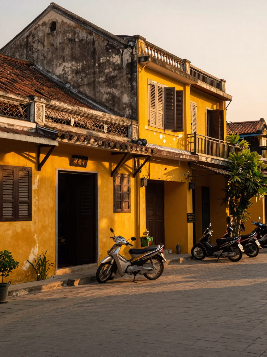 Hoi An Vietnam Evening Street Scene with Yellow Buildings and Motorcycles in in Hoi An, Vietnam